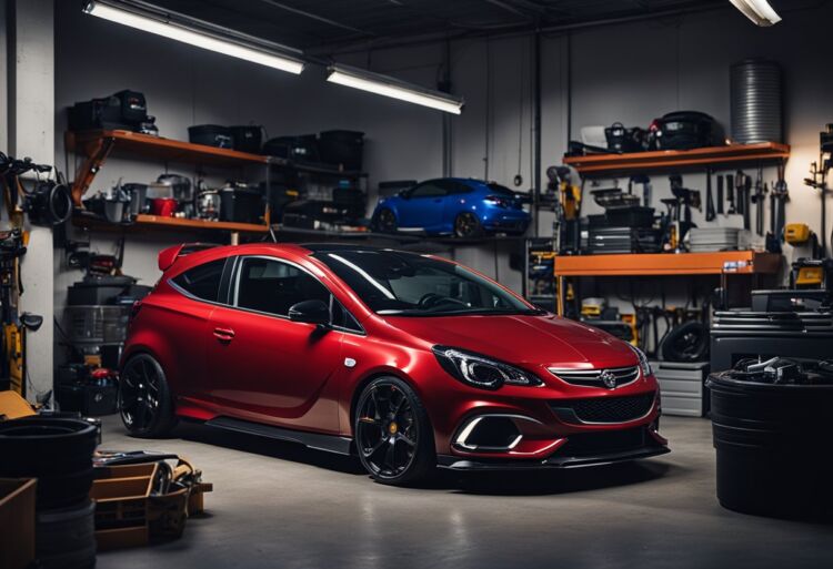 A sleek Corsa VXR parked in a dimly lit garage, surrounded by tools and car parts
