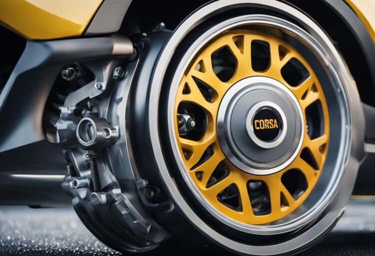 A dynamic, close-up illustration of the Corsa VXR's transmission and drivetrain components, showcasing its high-performance specifications
