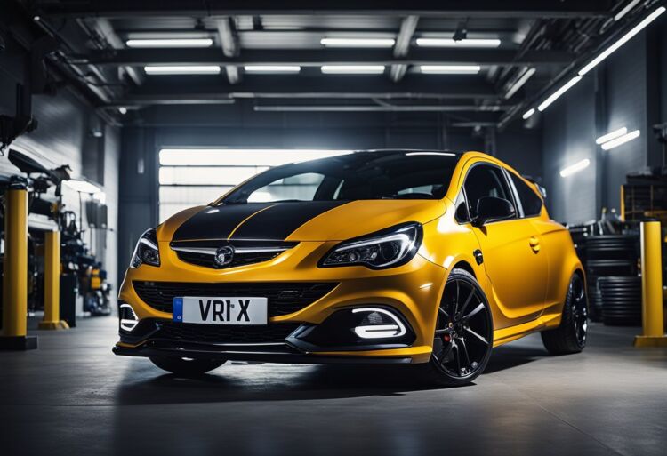 A sleek Corsa VXR parked in a well-lit garage, surrounded by safety gear and equipment
