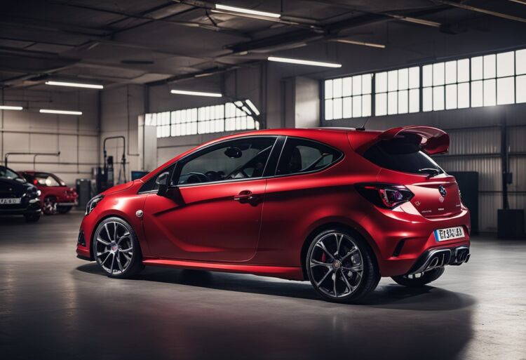 A red Corsa VXR parked in a spacious garage, with the hood popped open to reveal the engine and various performance specifications displayed on a tablet next to it