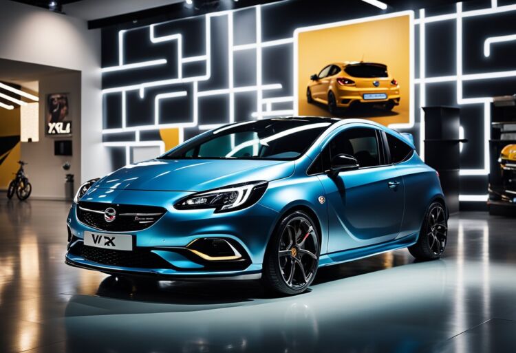 A sleek Corsa VXR parked in a showroom, surrounded by bright lights and a backdrop of automotive-themed posters
