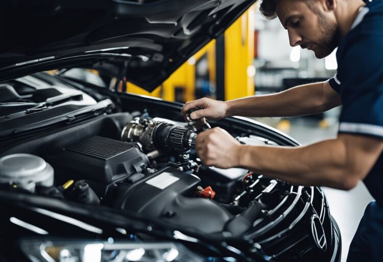 A mechanic working under the hood of a Corsa VXR, holding a piston and examining the engine