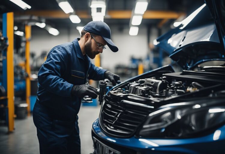 A mechanic forging a Corsa VXR engine in a well-lit garage