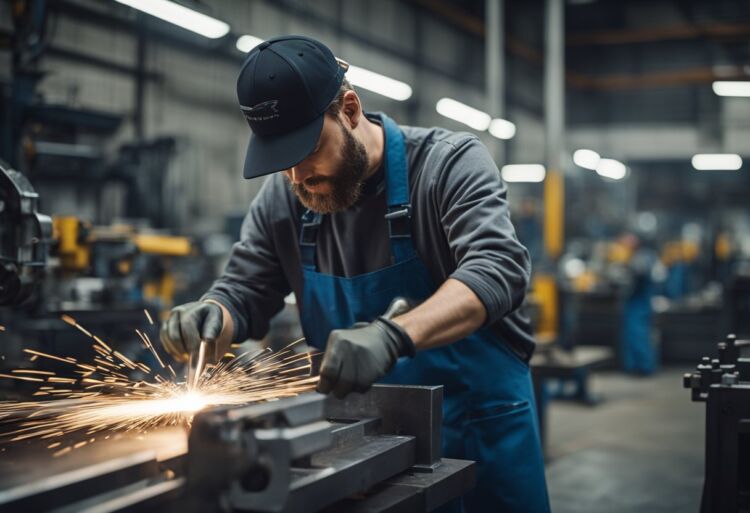 A mechanic shaping metal to create a custom part for a Corsa VXR using a forging machine in a workshop
