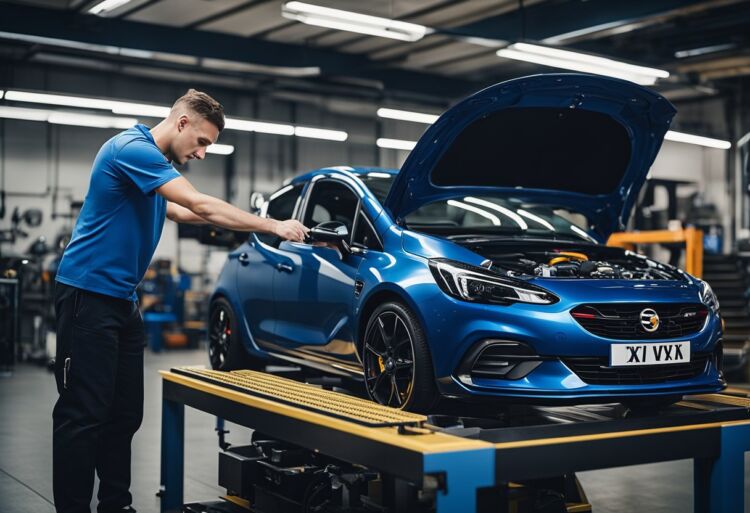 A mechanic installing components on a Corsa VXR in a workshop