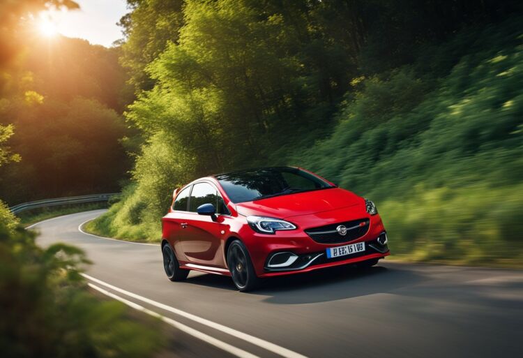 A red Corsa VXR zooms down a winding road, surrounded by lush greenery and a bright blue sky