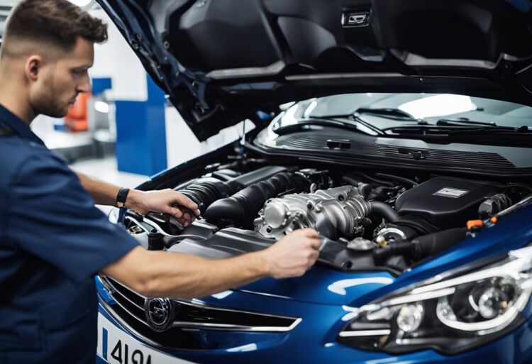 A mechanic checks under the hood of a Corsa VXR, inspecting the engine and components for maintenance after a rebuild