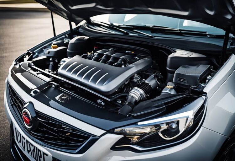The Corsa VXR engine sits beneath a raised hood, surrounded by suspension and brake components. The sleek design of the car hints at its powerful performance