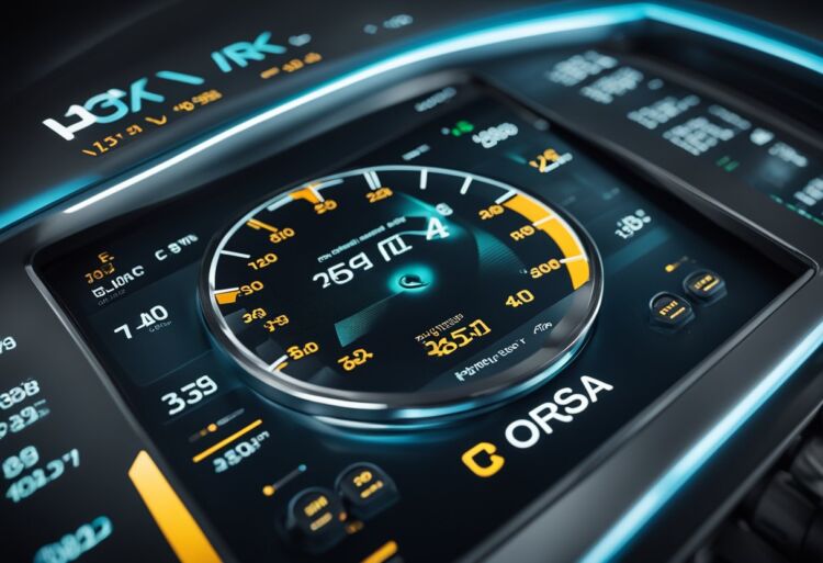 A close-up of a Corsa VXR engine with fuel efficiency and running cost data displayed on a digital screen