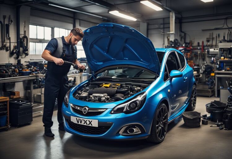 A mechanic installs a new engine into a Corsa VXR, surrounded by tools and parts on a cluttered workbench