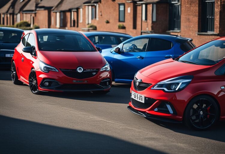 A red Corsa VXR and a blue Corsa VXR parked side by side, with their hoods open to reveal their engines for comparison