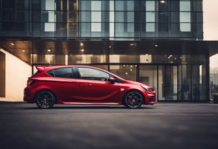 A red Corsa VXR parked in front of a bustling city with smog and pollution in the air, contrasting with a serene countryside in the background