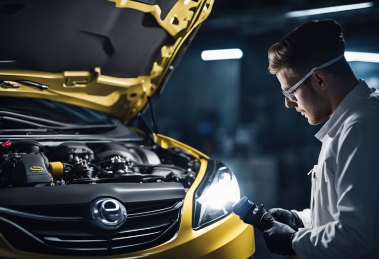 A mechanic is inspecting the engine of a Corsa VXR, holding a flashlight and wearing protective gear. The hood of the car is open, revealing the intricate components inside