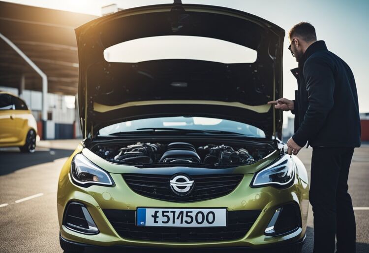 A mechanic inspecting the open hood of a Corsa VXR, pointing to the engine and discussing specifications with a potential buyer