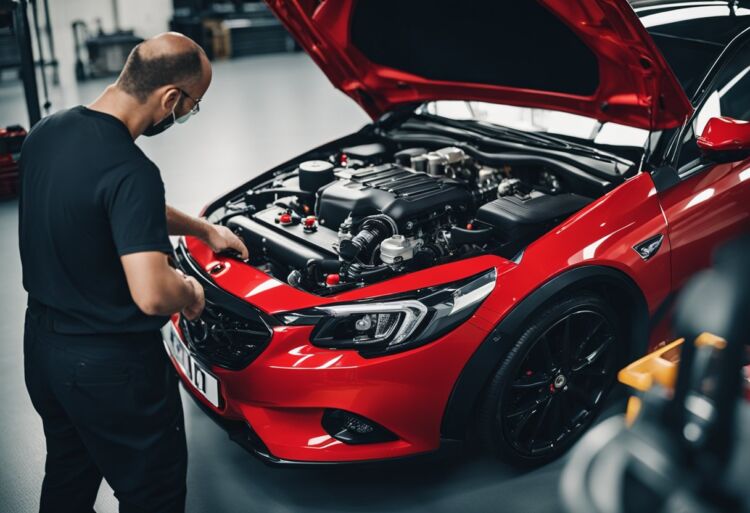 A red Corsa VXR engine being inspected by a mechanic with a toolbox nearby