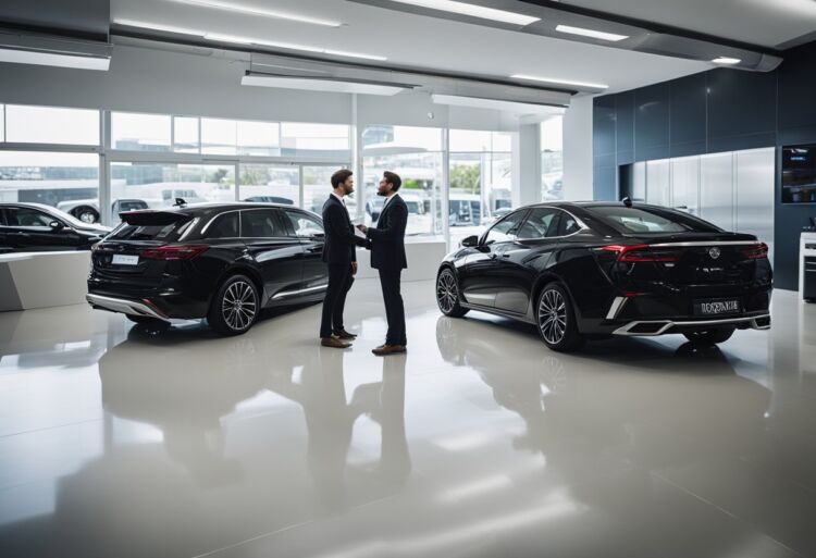 Two cars, one labeled "VXR" and the other "VXL," parked side by side in a showroom with a salesman pointing out the differences to a potential buyer