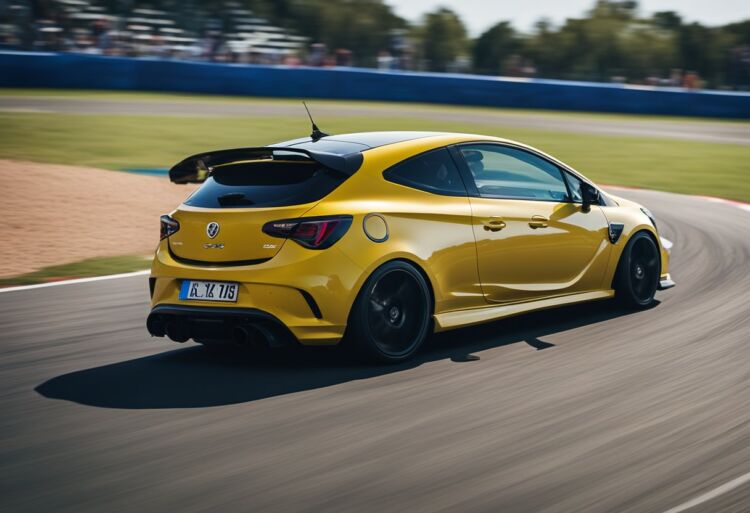 A sleek Corsa VXR speeding through a winding race track, leaving a trail of dust and tire marks behind