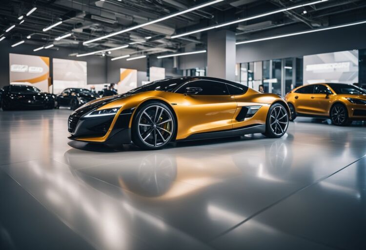 A sleek, sporty car sits on a showroom floor, surrounded by bright lights and polished floors. Its aerodynamic design and high-performance features are on display