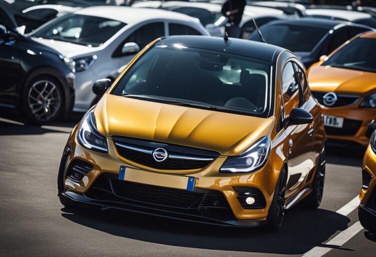 A sleek Corsa VXR parked among other hot hatches at a bustling car market. Shiny paint and aggressive styling catch the eye