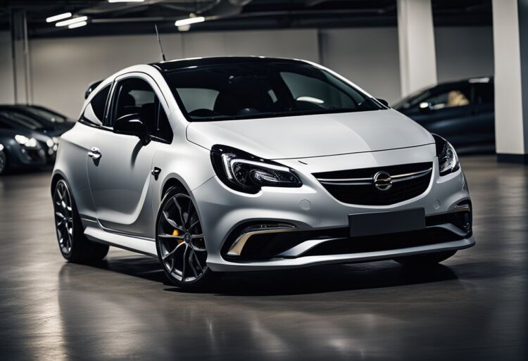 A sleek Corsa VXR sits abandoned in a dimly lit showroom, surrounded by other discontinued models. Dust settles on its sleek exterior, hinting at its forgotten ownership experience