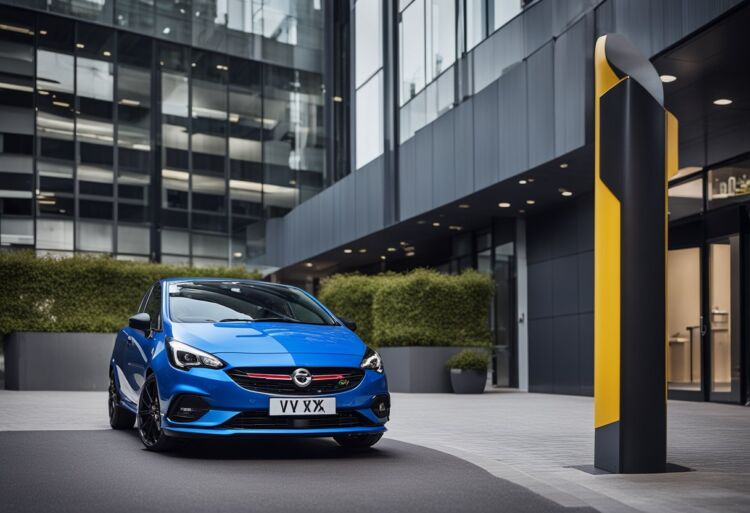 A sleek Corsa VXR parked in front of a regulatory compliance office, with performance data displayed on a digital screen
