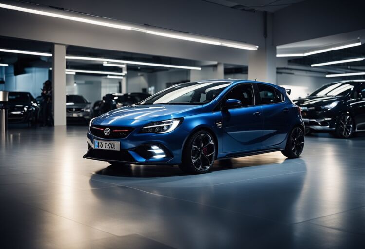 An empty car showroom with a spotlight on a sleek, modern Corsa VXR. A shadowy figure looks toward the future, where a new model awaits