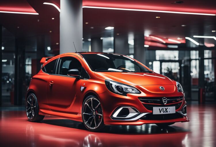 A sleek, sporty Corsa VXR sits on a showroom pedestal, surrounded by bright lights and polished floors. Its vibrant red paint and aggressive body lines command attention