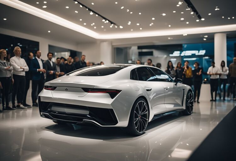 A sleek, sporty car sits in a showroom surrounded by curious onlookers. The car's sleek lines and bold design suggest speed and power