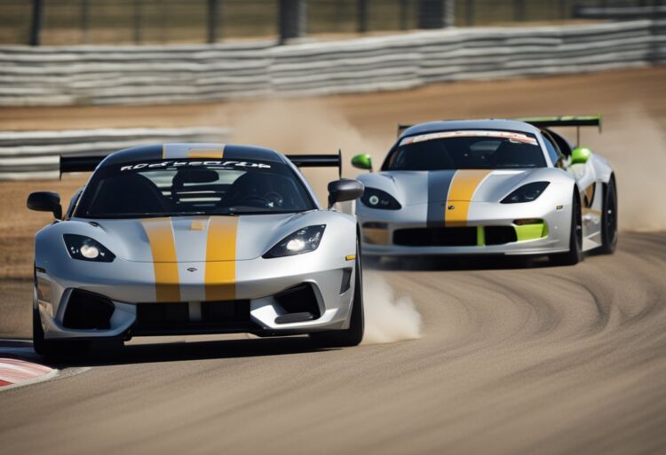 Two sleek sports cars racing down a long, straight track. The VXR pulls ahead of the ST, leaving it in the dust