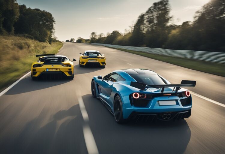 Two sports cars racing side by side on a straight road, with the VXR pulling ahead of the ST
