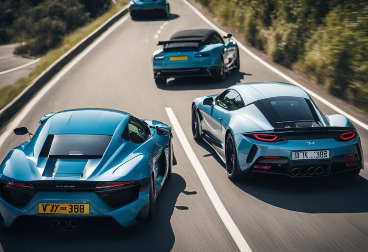 Two sports cars racing side by side on a straight road, with the VXR pulling ahead of the ST