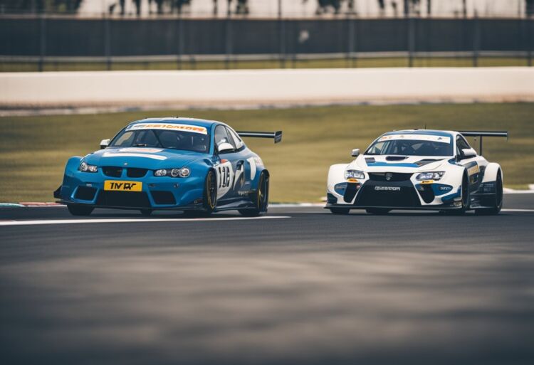 Two race cars side by side on a track, with the VXR pulling ahead of the ST