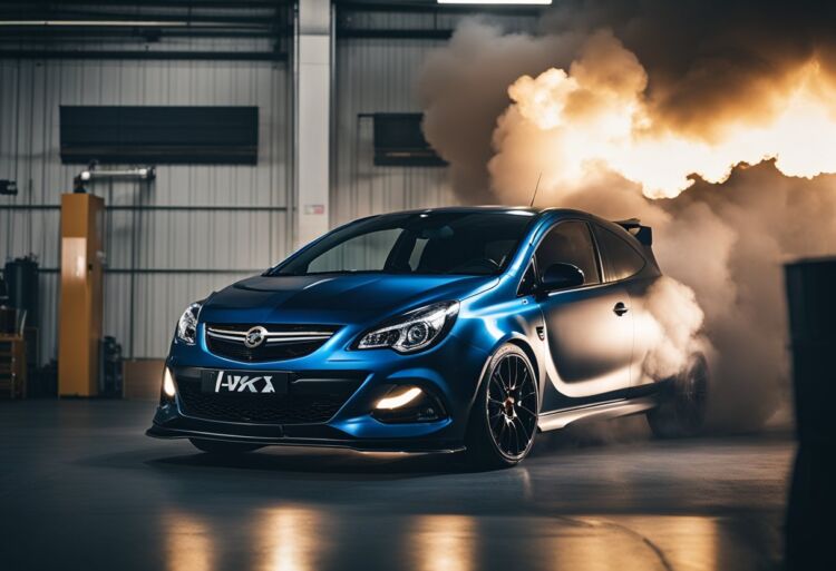 A stage 2 Corsa VXR revs on a dyno, emitting a powerful roar with smoke billowing from the exhaust
