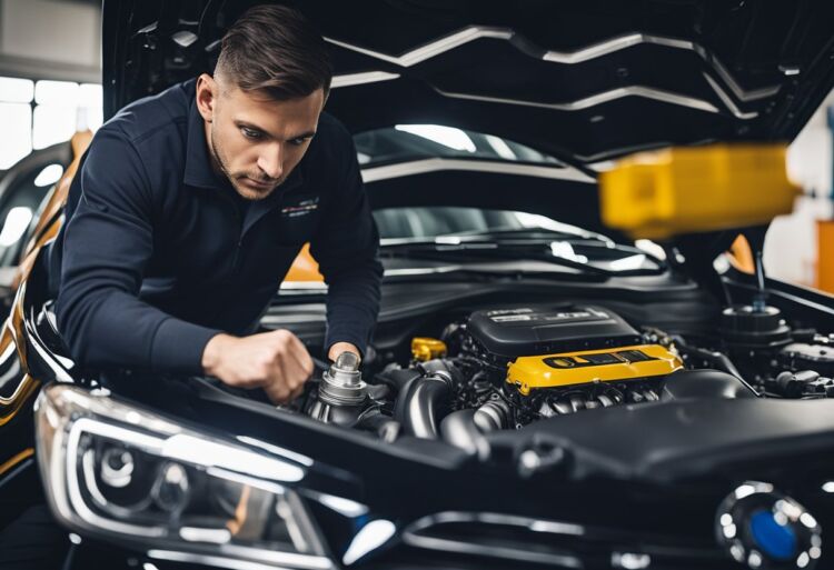A mechanic inspecting the engine of a Corsa E VXR, pointing to Piston 4 with a concerned expression