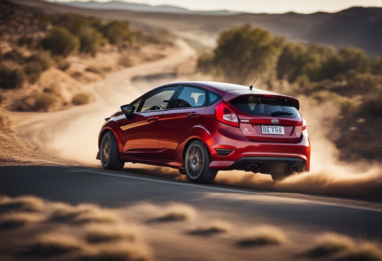 A red Fiesta races down a winding road, leaving a trail of dust behind as it speeds towards the horizon