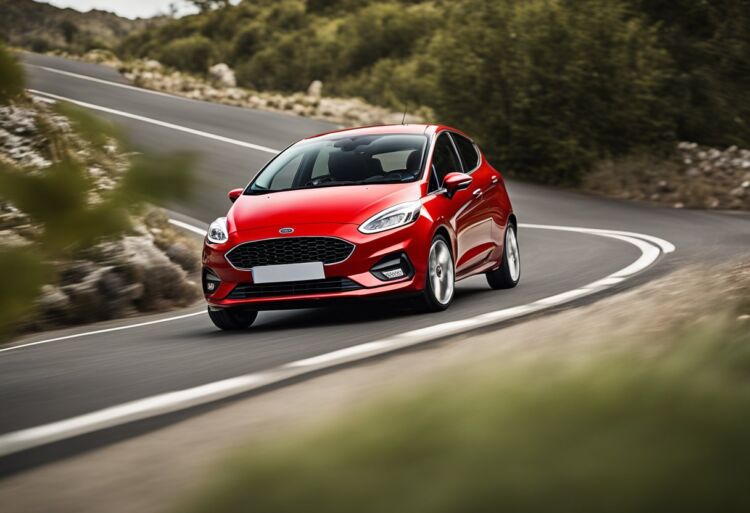 A red Ford Fiesta speeding down a winding road, with sleek design and a powerful engine