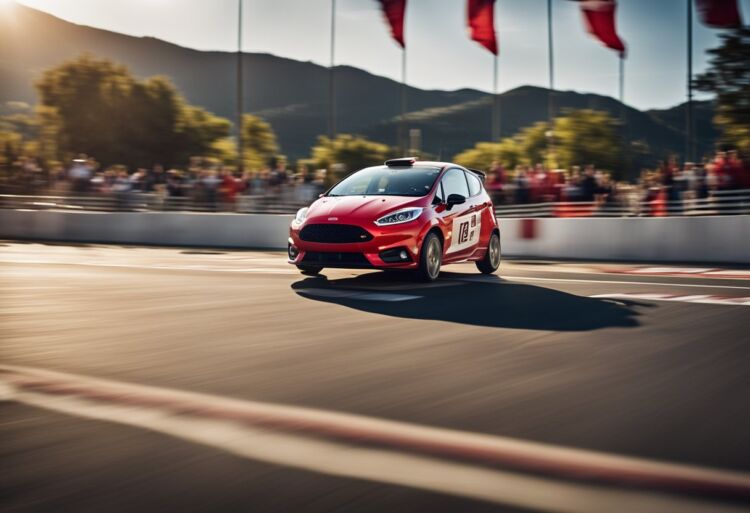A red Fiesta racing past a finish line with speed lines trailing behind