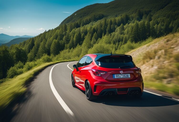 A red Corsa VXR with a visible turbocharger, parked on a winding mountain road, surrounded by lush green trees and a clear blue sky