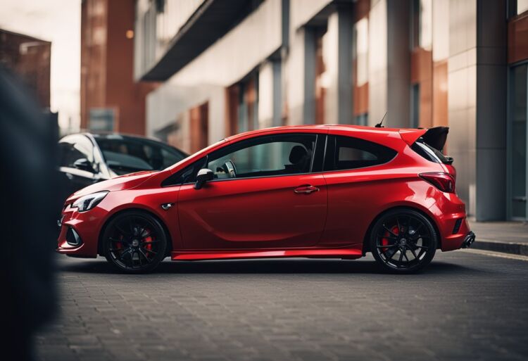 A red Corsa VXR sits parked, hood raised to reveal its turbo engine