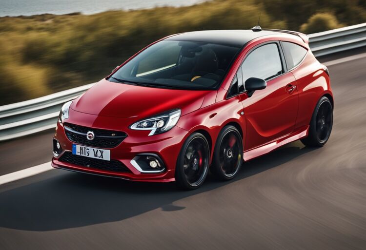 A red Corsa VXR zooms along a winding road, its turbo engine roaring as it accelerates through the curves