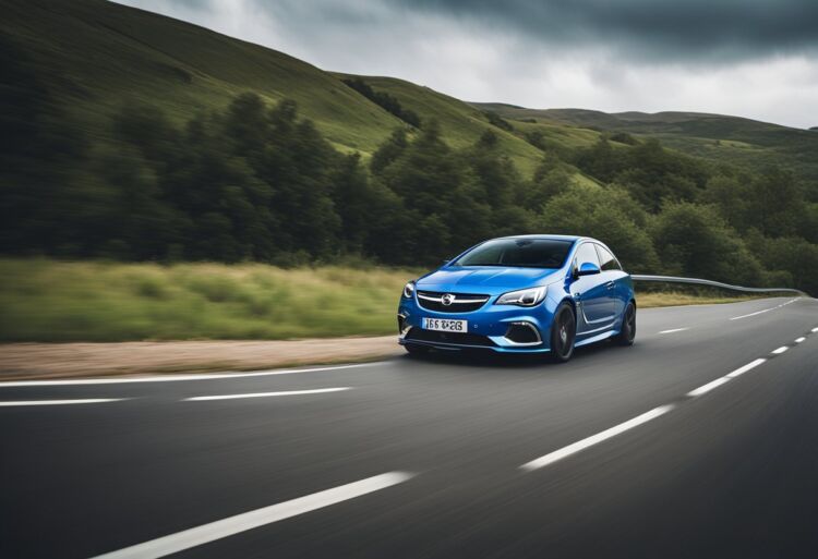 A Vauxhall VXR accelerating from 0 to 60 mph on a clear, straight road, with the engine roaring and the tires gripping the pavement