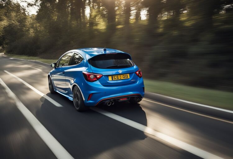 A sleek Corsa VXR speeds down a winding road, leaving a trail of dust and exhaust in its wake