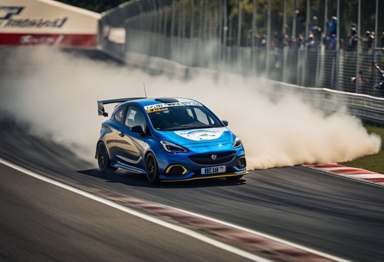 A sleek Corsa VXR racing down a straight track, leaving a trail of dust and smoke behind as it speeds towards the finish line