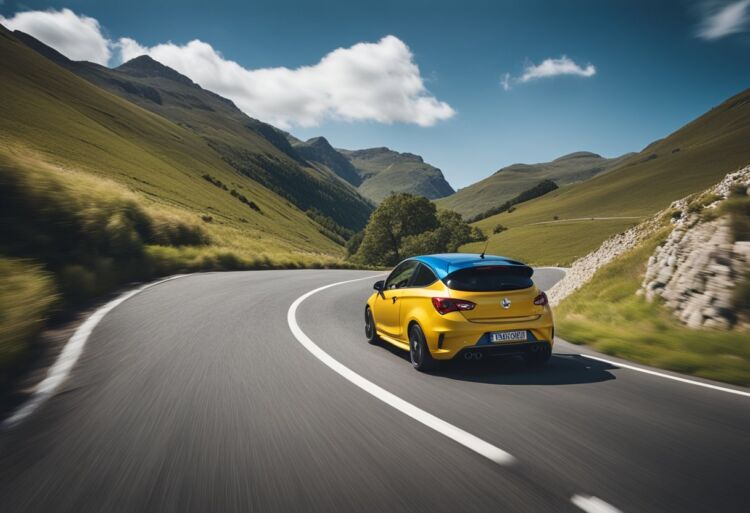 A Corsa VXR speeds along a winding mountain road