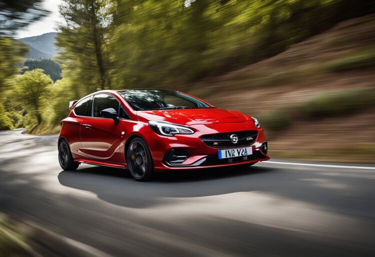 A red Corsa VXR speeds down a winding mountain road, its sleek body hugging the curves as it accelerates with impressive power