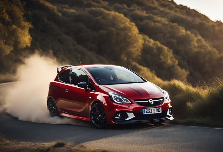 A red Corsa VXR speeds along a winding road, leaving a trail of dust in its wake. The sleek car exudes power and speed