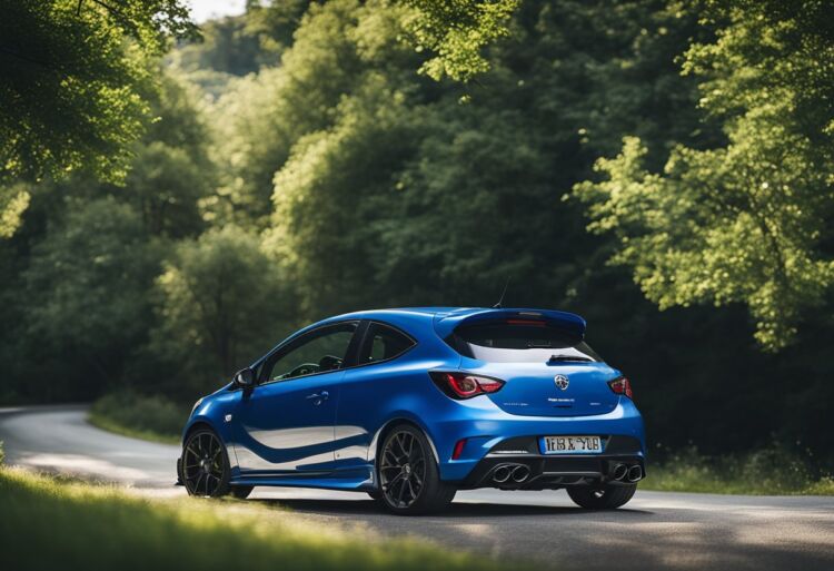 A Corsa VXR parked confidently on a winding road, surrounded by lush greenery and under a clear blue sky