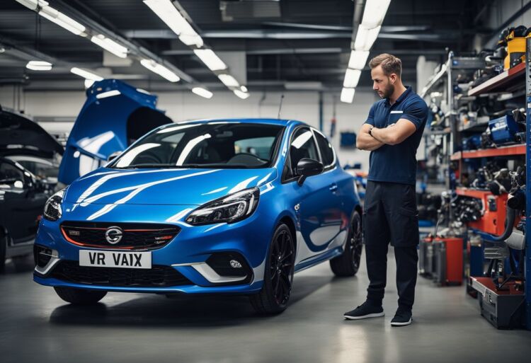 A mechanic inspecting a Corsa VXR, surrounded by tools and spare parts, with a focused and confident expression