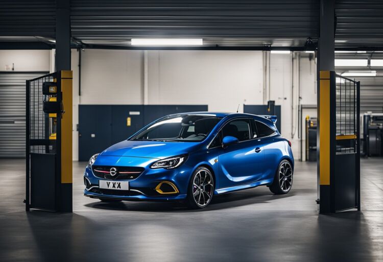 A sleek Corsa VXR parked in a well-lit garage, surrounded by security cameras and a sturdy gate