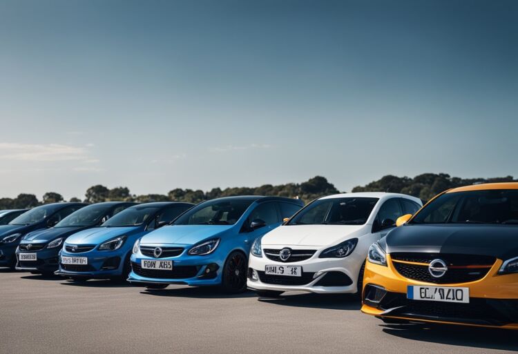A lineup of sporty cars, including the Corsa VXR, parked side by side. Each vehicle is sleek and polished, exuding a sense of power and reliability